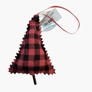 Buffalo Plaid Fabric Christmas Tree Ornament Wood Stem Ribbon Hanger
